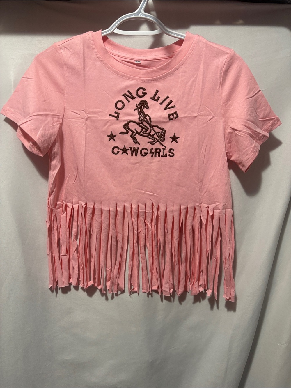 Girls Pink Fringe Tee with 'Long Live Cowgirls' Graphic